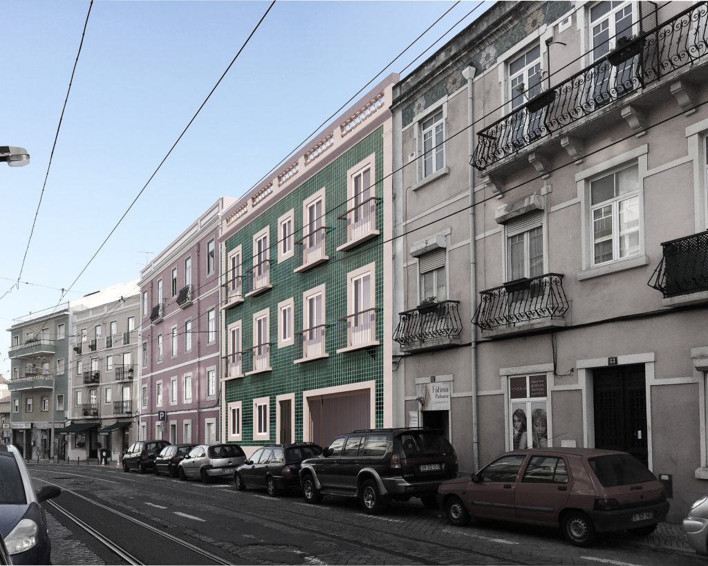 Fotomontagem apresentando o Enquadramento da proposta com os edifícios vizinhos no projeto Santa Casa da Misericórdia, localizado em Lisboa, Portugal.