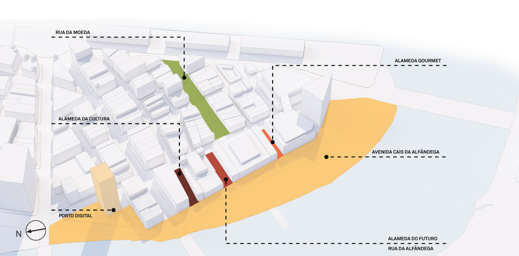 Diagrama apresentando o Zoneamento Alamedas no projeto Recife Antigo, localizado em Recife Antigo, Brasil.