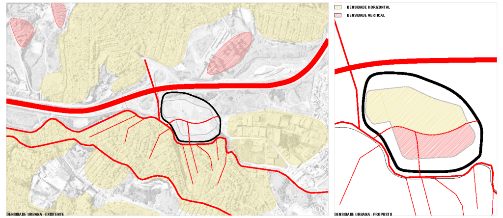 Planta apresentando a Densidade urbana no projeto Rodoanel Masterplan, localizado em Carapicuíba, São Paulo, Brasil.