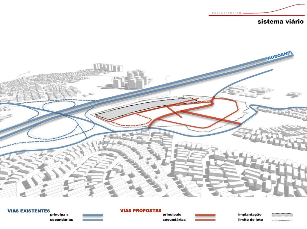 Diagrama apresentando o Sistema viário no projeto Rodoanel Masterplan, localizado em Carapicuíba, São Paulo, Brasil.