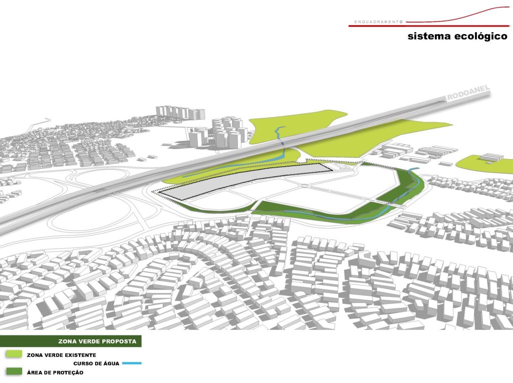 Diagrama apresentando as Áreas verdes no projeto Rodoanel Masterplan, localizado em Carapicuíba, São Paulo, Brasil.