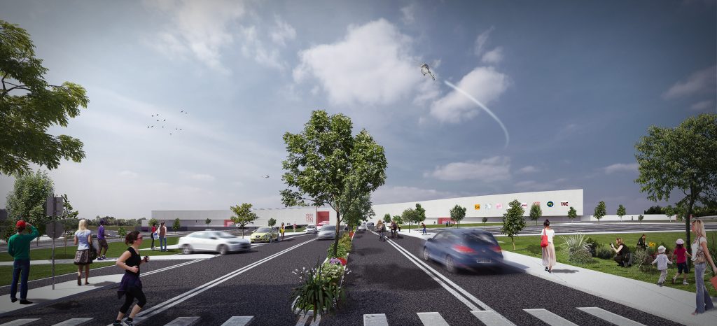Imagem tridimensional apresentando o conceito de Envolvente urbana no projeto Rodoanel Shopping Center, localizado em São Paulo, Brasil.