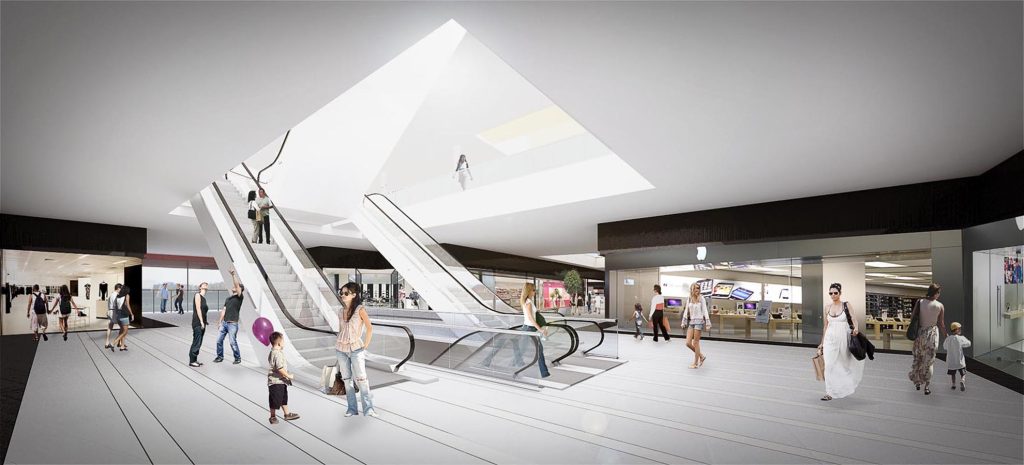 Imagem tridimensional apresentando o conceito de Acessos verticais e lojas no projeto Rodoanel Shopping Center, localizado em São Paulo, Brasil.