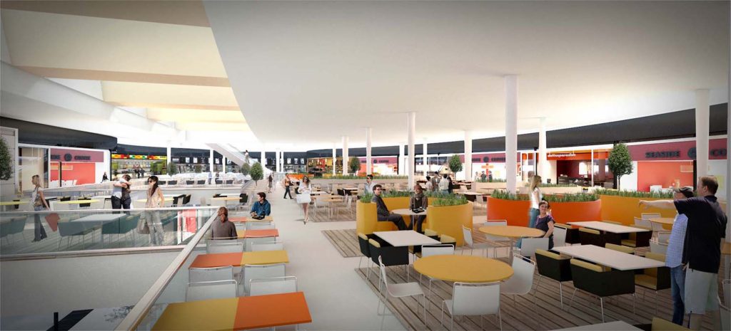 Imagem tridimensional apresentando o conceito de Foodcourt no projeto Rodoanel Shopping Center, localizado em São Paulo, Brasil.