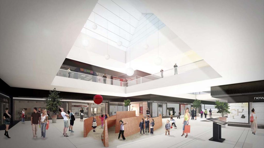 Imagem tridimensional apresentando o conceito de Área recriativa e lounge no projeto Rodoanel Shopping Center, localizado em São Paulo, Brasil.