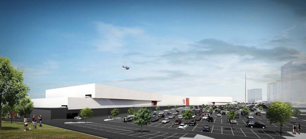 Imagem tridimensional apresentando o conceito de Perspetiva exterior e estacionamento no projeto Rodoanel Shopping Center, localizado em São Paulo, Brasil.