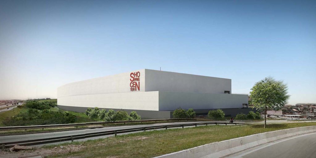 Imagem tridimensional apresentando o conceito de Perspetiva exterior da fachada no projeto Rodoanel Shopping Center, localizado em São Paulo, Brasil.