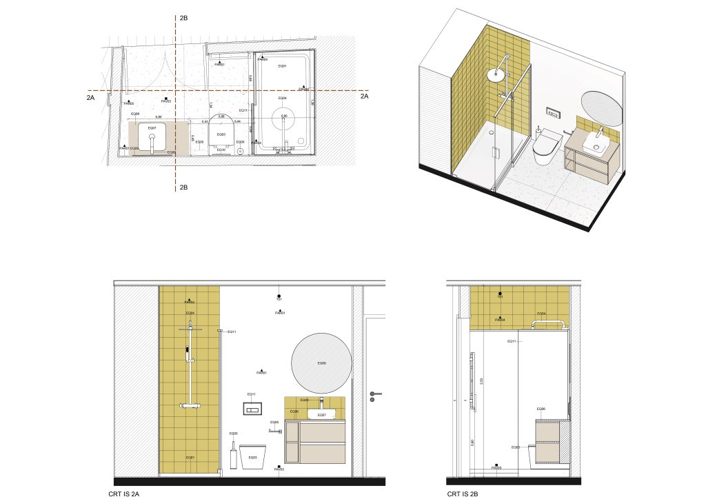 Desenhos apresentando o WC da suite no projeto Rua das Praças, localizado em Lisboa, Portugal.