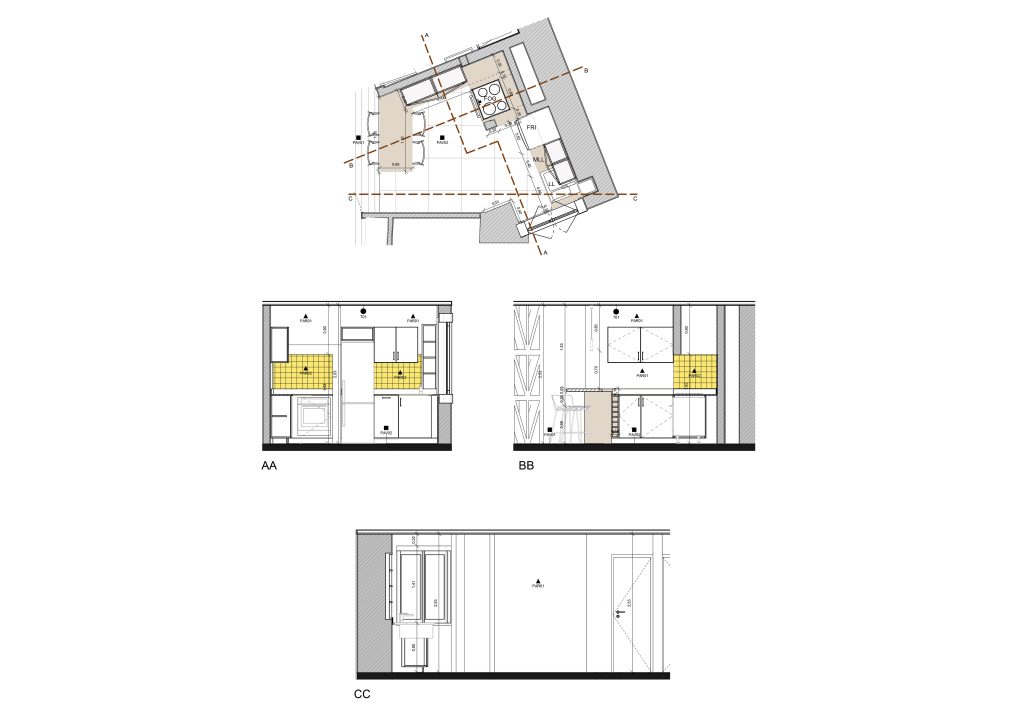 Desenhos apresentando o Layout da cozinha no projeto Rua das Praças, localizado em Lisboa, Portugal.