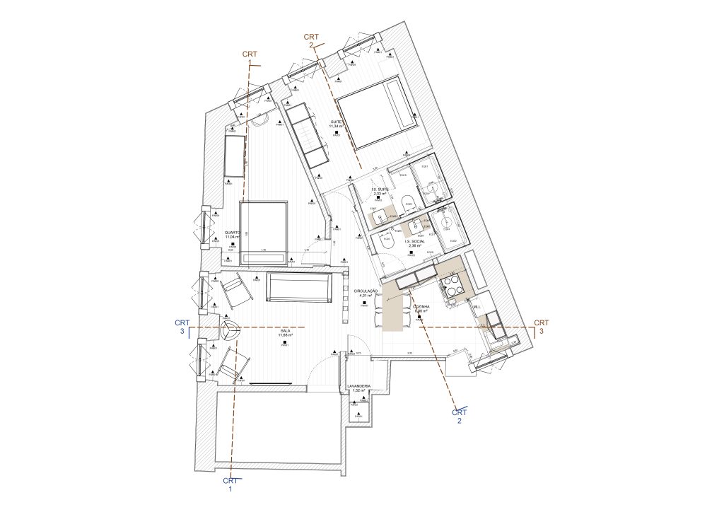 Planta apresentando a Proposta e layout do apartamento no projeto Rua das Praças, localizado em Lisboa, Portugal.