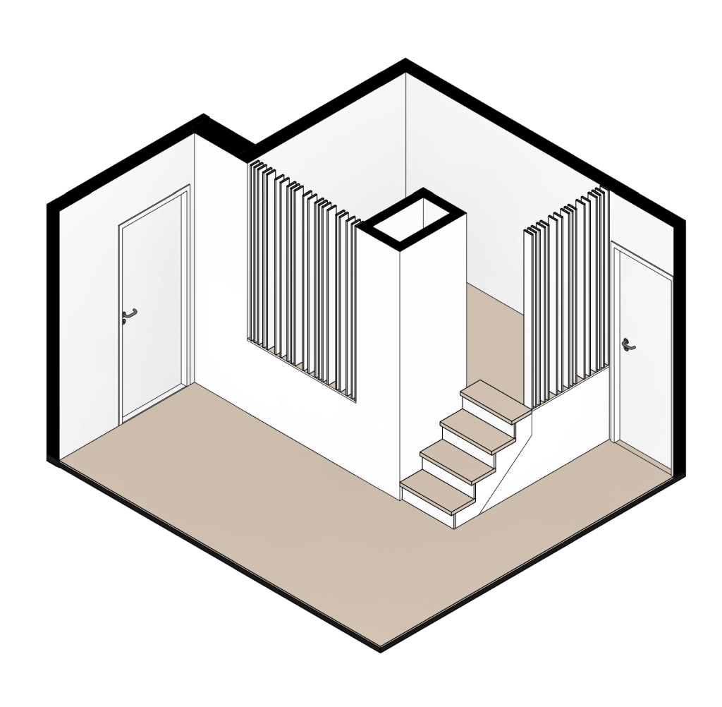 Axonometria apresentando o Mezzanino do quarto no projeto Sacadura, localizado em Lisboa, Portugal.