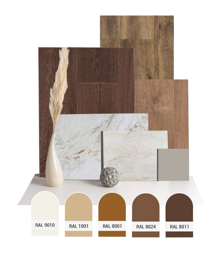 Diagrama apresentando o Moodboard, materiais e cores no projeto Sacadura, localizado em Lisboa, Portugal.