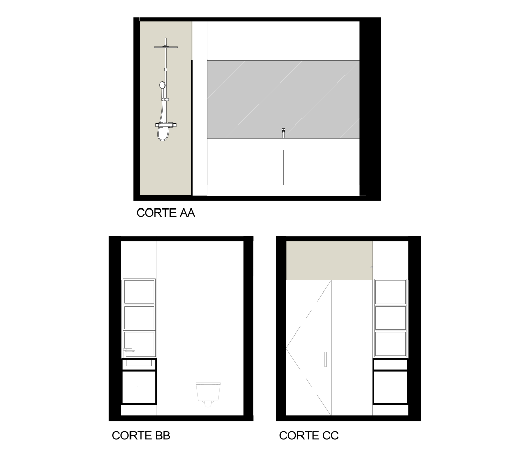 Corte apresentando a Proposta do WC da suite no projeto Sacadura, localizado em Lisboa, Portugal.