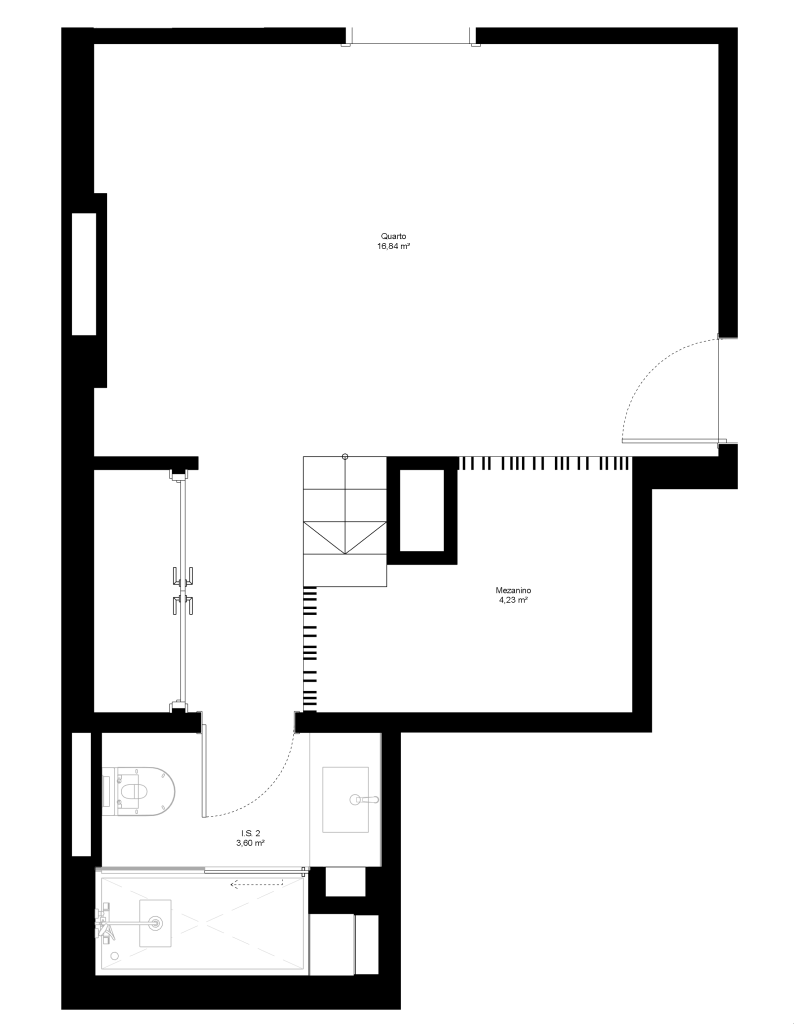 Planta apresentando o Layout do quarto com mezanino no projeto Sacadura, localizado em Lisboa, Portugal.