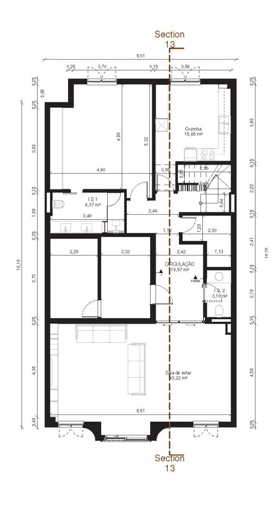 Planta apresentando o Layout da planta 0 no projeto Sacadura, localizado em Lisboa, Portugal.