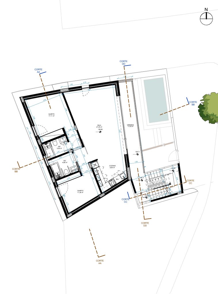 Planta apresentando o Layout do piso 1 no projeto Santa Catarina, localizado em Tavira, Portugal.