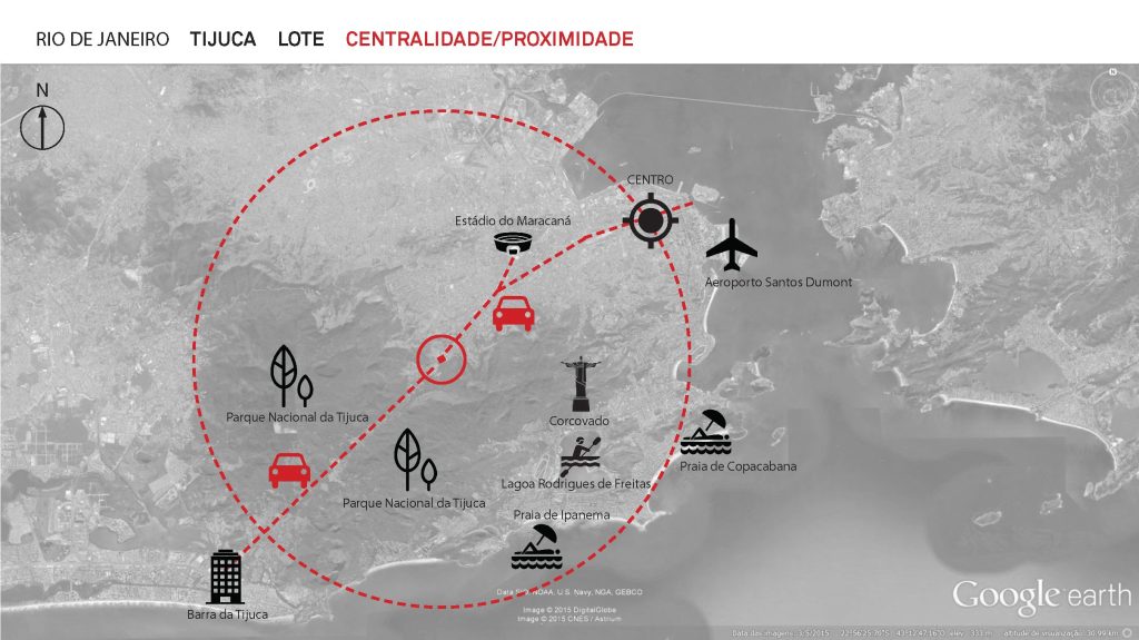 Diagrama apresentando o Enquadramento urbano e pontos de interesse no projeto Shopping Tijuca, localizado em Rio de Janeiro, Brasil.