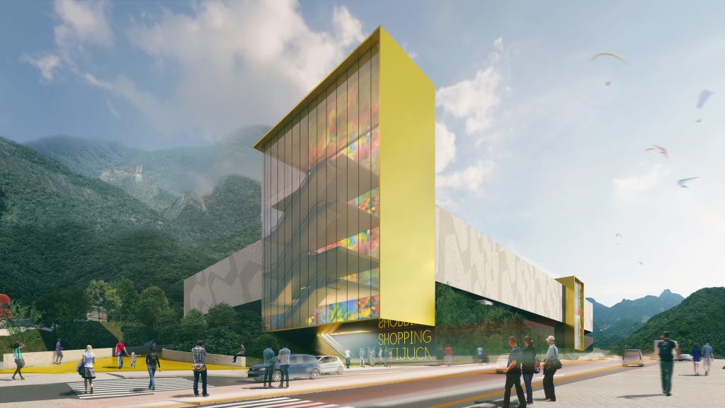 Perspetiva apresentando o conceito de Envolvente urbana no projeto Shopping Tijuca, localizado em Rio de Janeiro, Brasil.