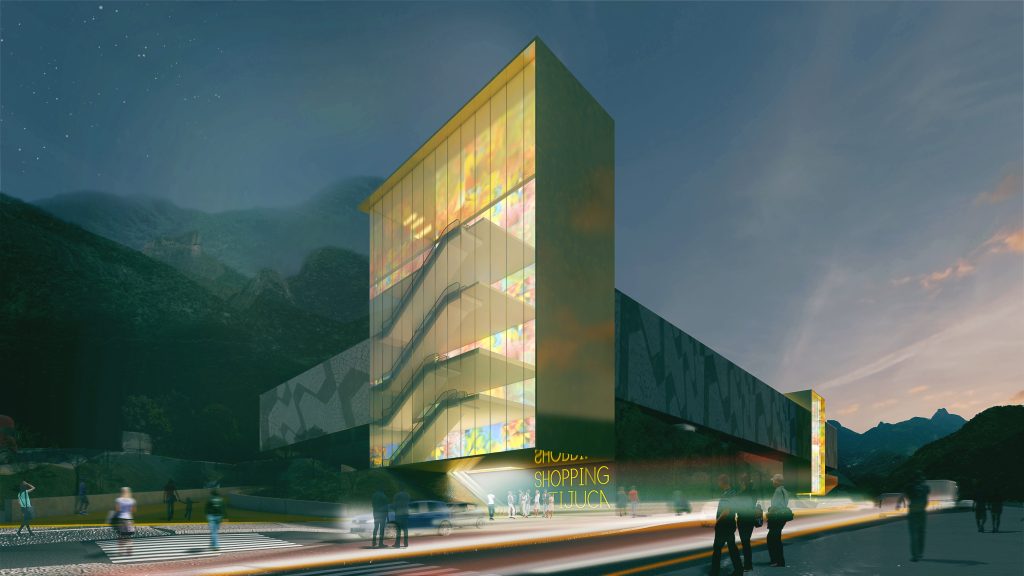 Perspetiva apresentando o conceito de Envolvente urbana noturna no projeto Shopping Tijuca, localizado em Rio de Janeiro, Brasil.