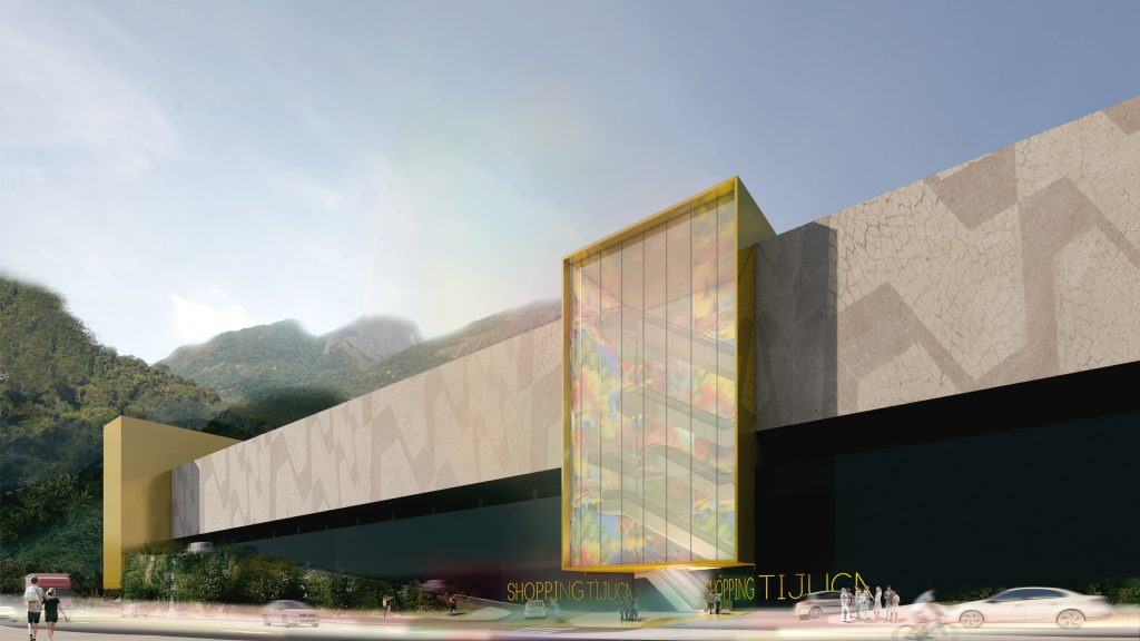 Imagem tridimensional apresentando o conceito de Fachada principal no projeto Shopping Tijuca, localizado em Rio de Janeiro, Brasil.