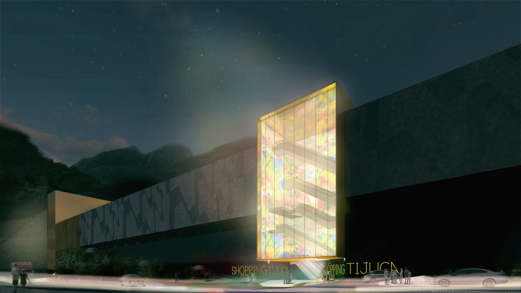 Imagem tridimensional apresentando o conceito de Fachada principal de noite no projeto Shopping Tijuca, localizado em Rio de Janeiro, Brasil.