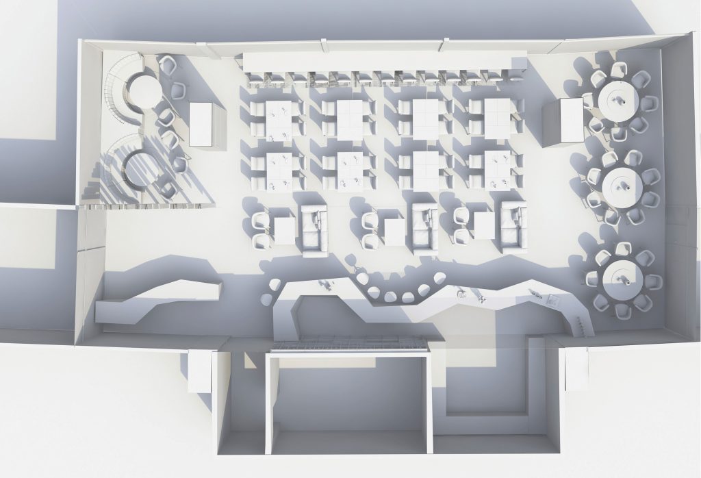 Axonometria apresentando o Layout do camarote no projeto Sporting Emerald Club, localizado em Lisboa, Portugal.