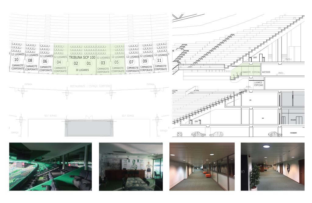 Desenhos apresentando a Localização e escala do camarote no projeto Sporting Emerald Club, localizado em Lisboa, Portugal.