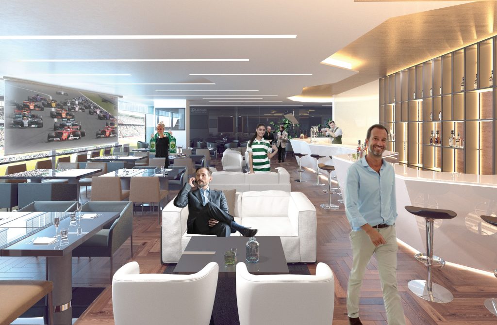 Imagem tridimensional apresentando a Entrada no projeto Sporting Emerald Club, localizado em Lisboa, Portugal.