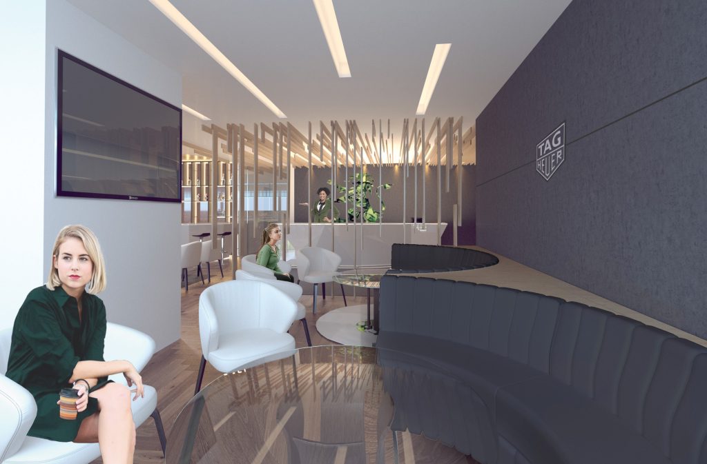 Imagem tridimensional apresentando a Área de refeição no projeto Sporting Emerald Club, localizado em Lisboa, Portugal.