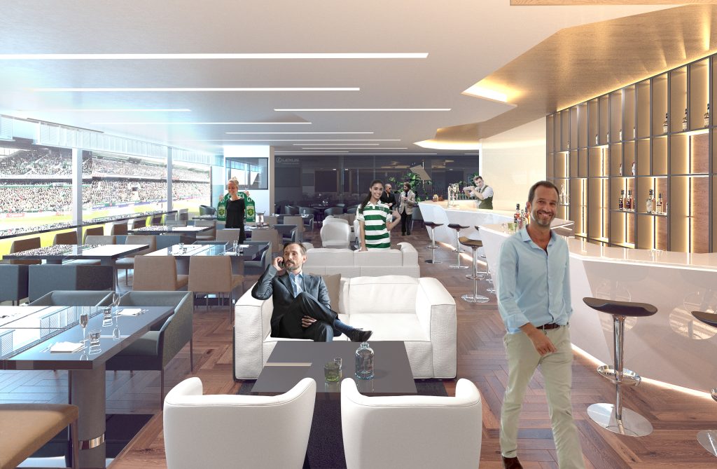 Imagem tridimensional apresentando a Entrada no projeto Sporting Emerald Club, localizado em Lisboa, Portugal.