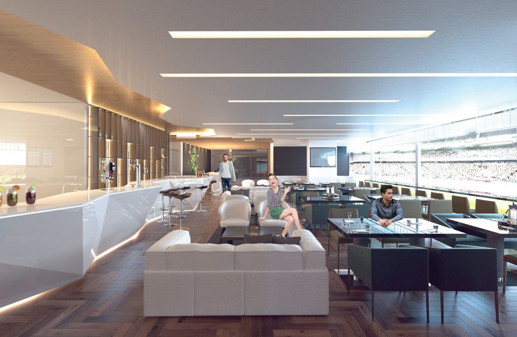Imagem tridimensional apresentando a Área lounge no projeto Sporting Emerald Club, localizado em Lisboa, Portugal.