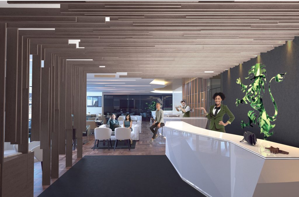 Imagem tridimensional apresentando a Recepção no projeto Sporting Emerald Club, localizado em Lisboa, Portugal.