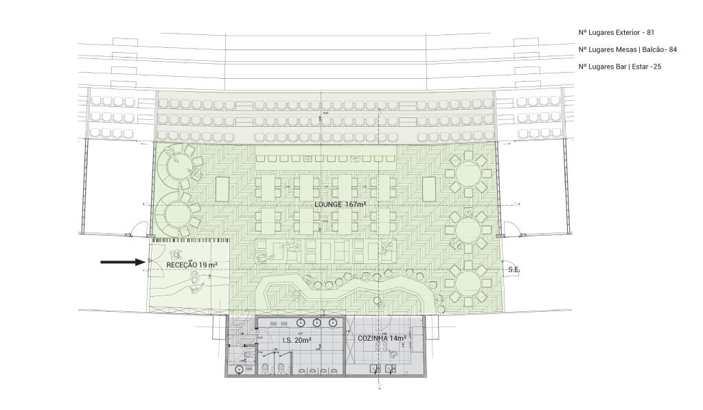 Planta apresentando a Proposta e layout do camarote no projeto Sporting Emerald Club, localizado em Lisboa, Portugal.