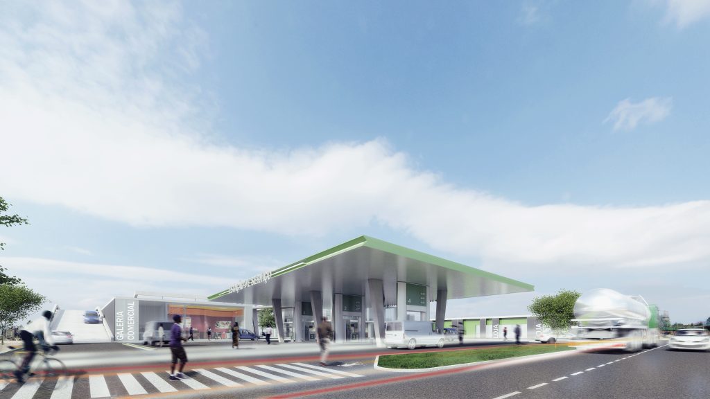 Imagem tridimensional apresentando o conceito de Enquadramento urbano da área de serviço no projeto Street Mall – Ccj Machado, localizado em Maputo, Moçambique.