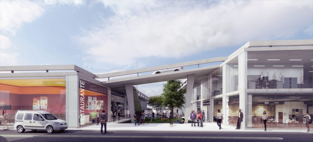 Imagem tridimensional apresentando o conceito de Fachada e lojas externas no projeto Street Mall – Ccj Machado, localizado em Maputo, Moçambique.