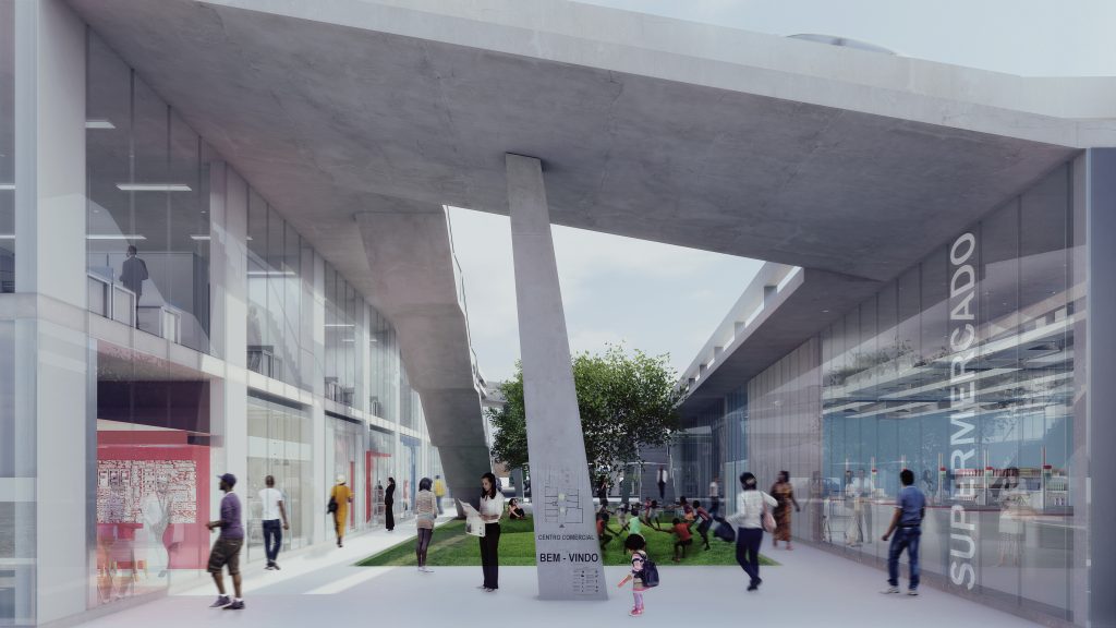 Imagem tridimensional apresentando o conceito de Perspetiva do pátio de lojas no projeto Street Mall – Ccj Machado, localizado em Maputo, Moçambique.