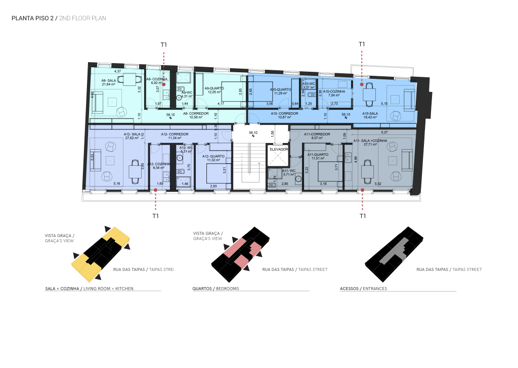 Planta apresentando o Layout do piso 2 e estudo dos acessos, vistas e iluminação no projeto Taipas, localizado em Lisboa, Portugal.