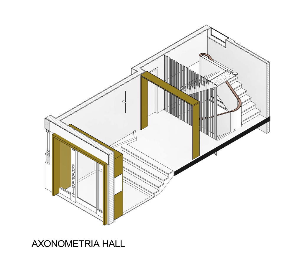 Axonometria apresentando o Hall de entrada no projeto Travessa do Chafariz, localizado em Lisboa, Portugal.
