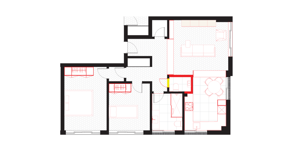 Planta apresentando as Alterações interiores do apartamento no projeto Travessa do Chafariz, localizado em Lisboa, Portugal.