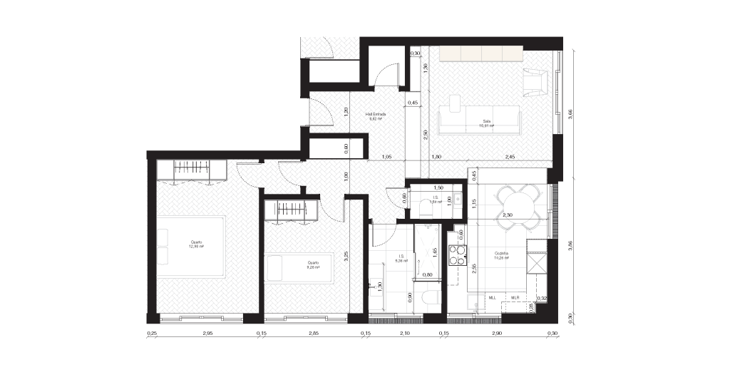 Planta apresentando a Proposta layout do apartamento no projeto Travessa do Chafariz, localizado em Lisboa, Portugal.