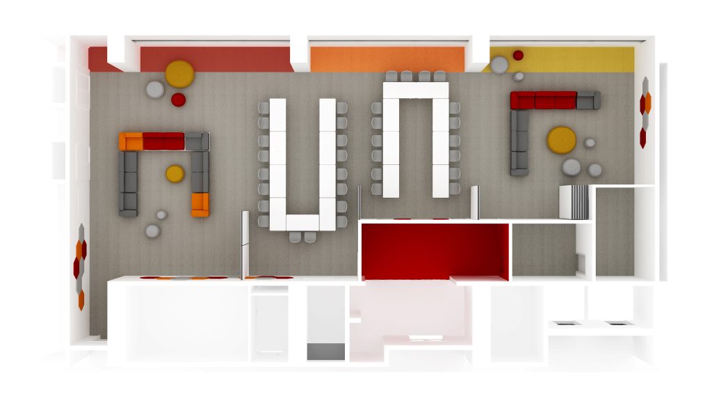 Axonometria apresentando o Layout e design do espaço no projeto Vodafone | Centro de formação, localizado em Lisboa, Portugal.