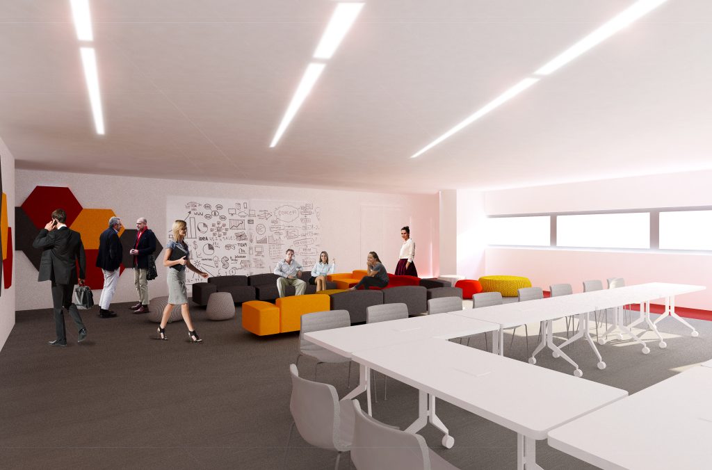 Imagem tridimensional apresentando o Sala de formação em Open Space no projeto Vodafone | Centro de formação, localizado em Lisboa, Portugal.
