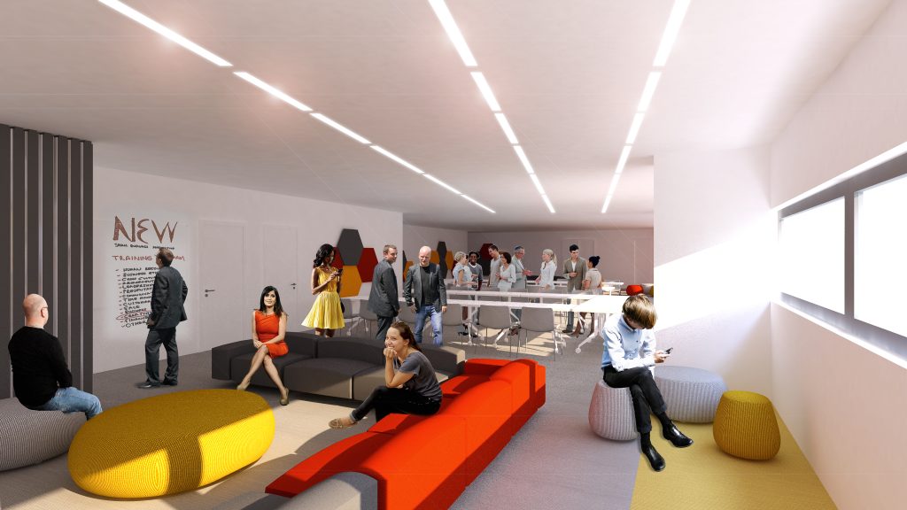Imagem tridimensional apresentando a Área de lounge no projeto Vodafone | Centro de formação, localizado em Lisboa, Portugal.