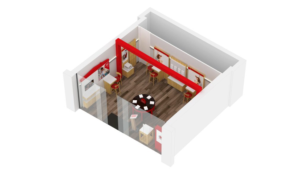 Axonometria apresentando o conceito de Loja no projeto Vodafone Retail Transformation, localizado em Portugal.