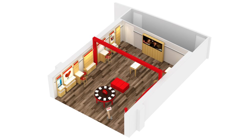 Axonometria apresentando o conceito de Loja no projeto Vodafone Retail Transformation, localizado em Portugal.
